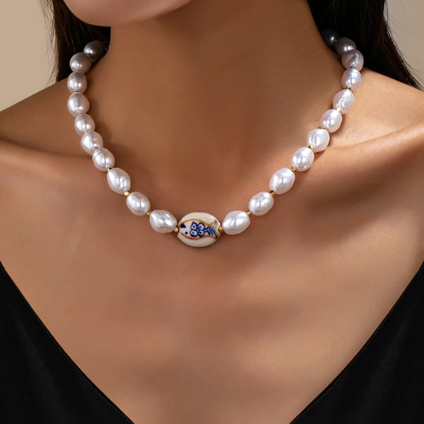 Baroque Pearl & Porcelain Fish Necklace | 80N93776