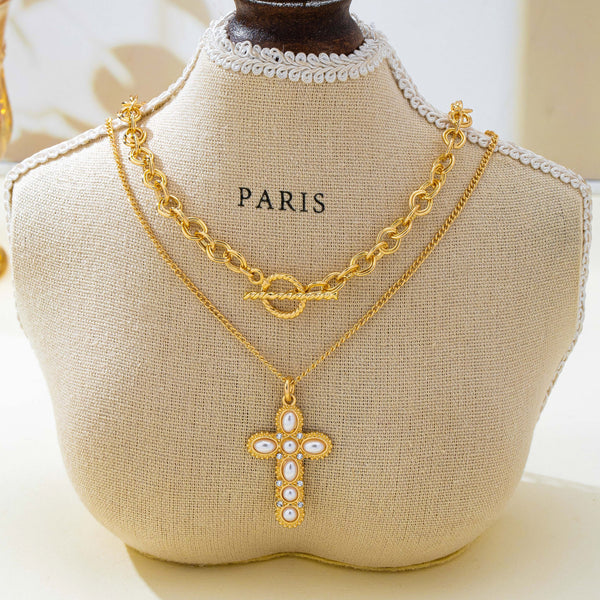 Gold-Tone Chain Pearl Cross Layered Necklace Set | 80N93780
