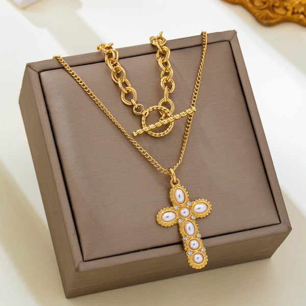 Gold-Tone Chain Pearl Cross Layered Necklace Set | 80N93780