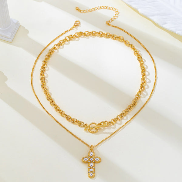 Gold-Tone Chain Pearl Cross Layered Necklace Set | 80N93780