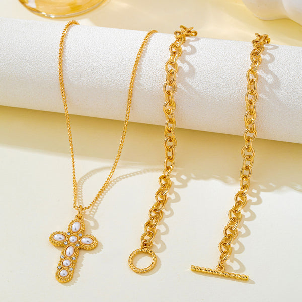 Gold-Tone Chain Pearl Cross Layered Necklace Set | 80N93780
