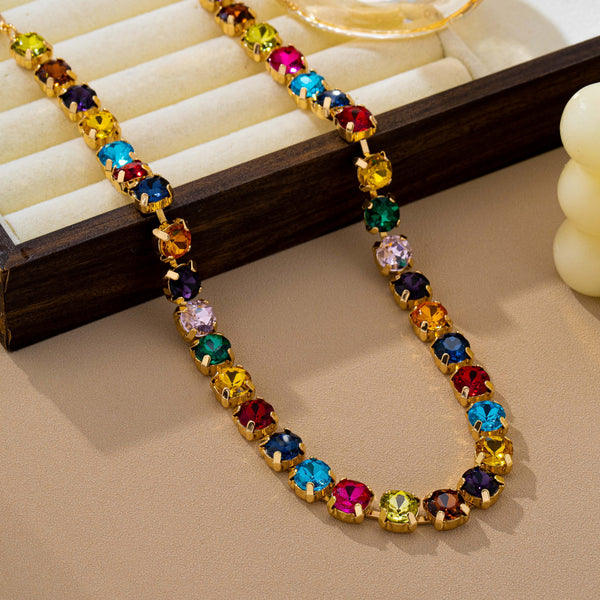Brass & Multi-Color Glass Crystal Tennis Necklace | 80N93702