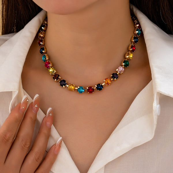 Brass & Multi-Color Glass Crystal Tennis Necklace | 80N93702
