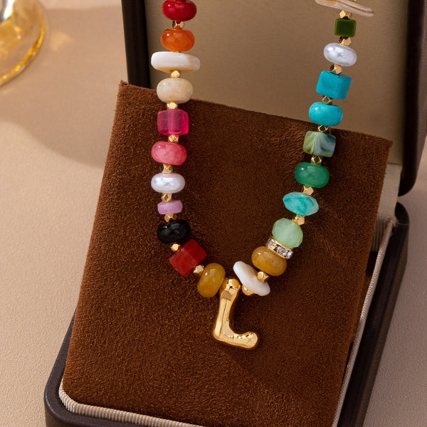 Multi Gemstone Chip Initial Charm Necklace 12Pc Set|80N93765