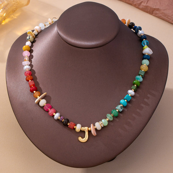 Multi Gemstone Chip Initial Charm Necklace 12Pc Set|80N93765