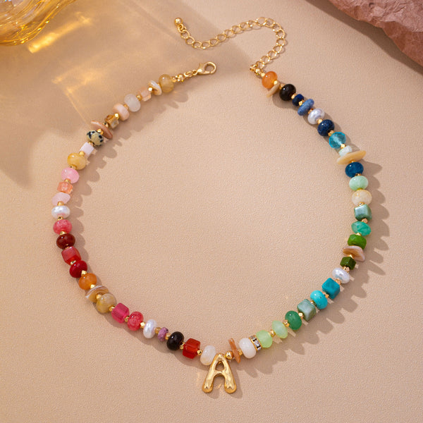Multi Gemstone Chip Initial Charm Necklace 12Pc Set|80N93765