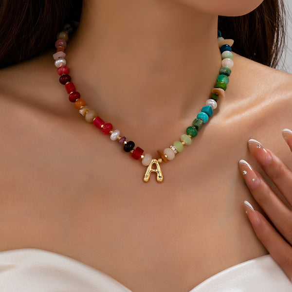 Multi Gemstone Chip Initial Charm Necklace 12Pc Set|80N93765
