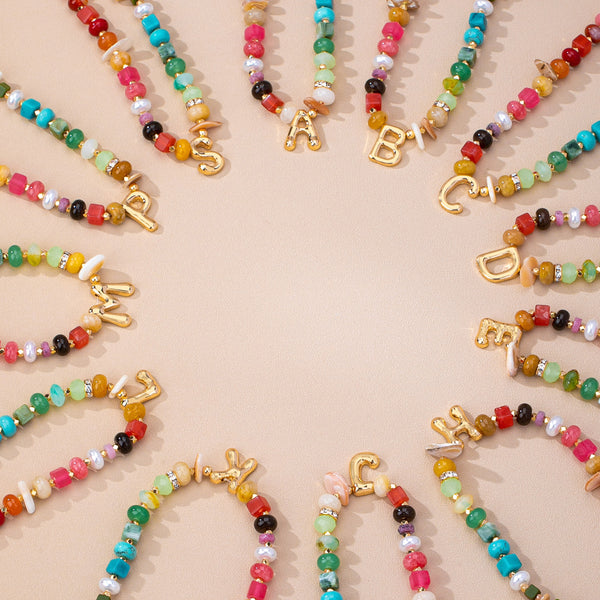 Multi Gemstone Chip Initial Charm Necklace 12Pc Set|80N93765