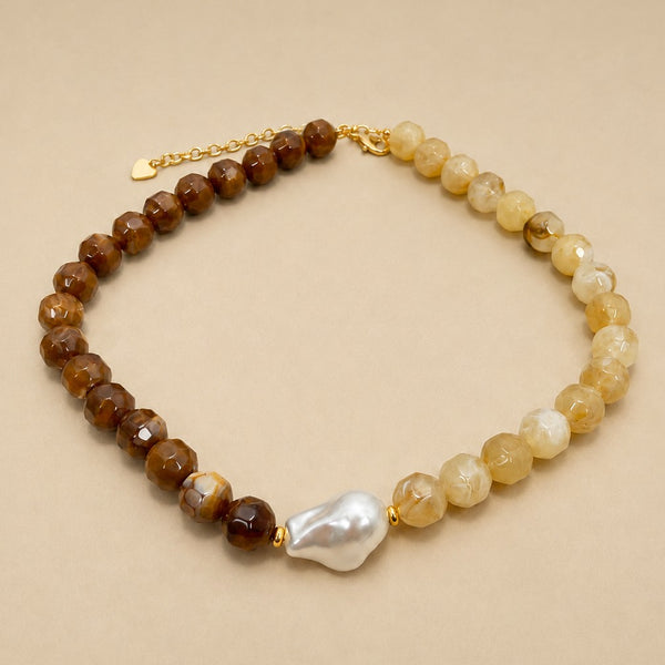 Two-Tone Faceted Natural Stone & Pearl Necklace | 40NK9770