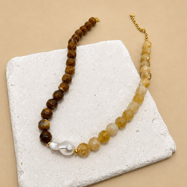 Two-Tone Faceted Natural Stone & Pearl Necklace | 40NK9770