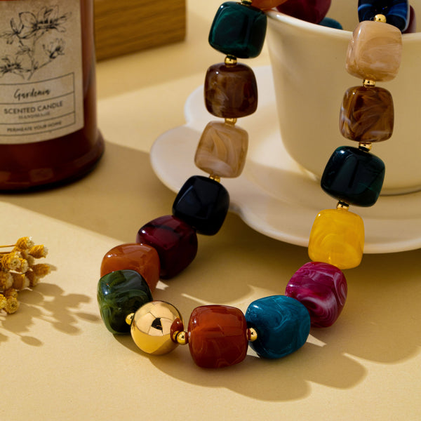 Multicolor Marbled Resin Bead Statement Necklace | 80N93701
