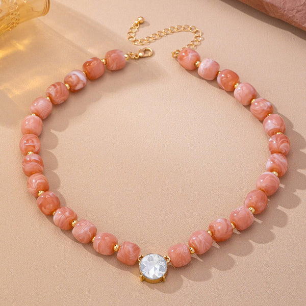 Resin Bead Round Crystal Pendant Necklace | 80N93729