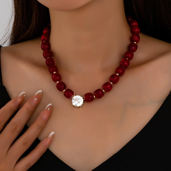 Resin Bead Round Crystal Pendant Necklace | 80N93729