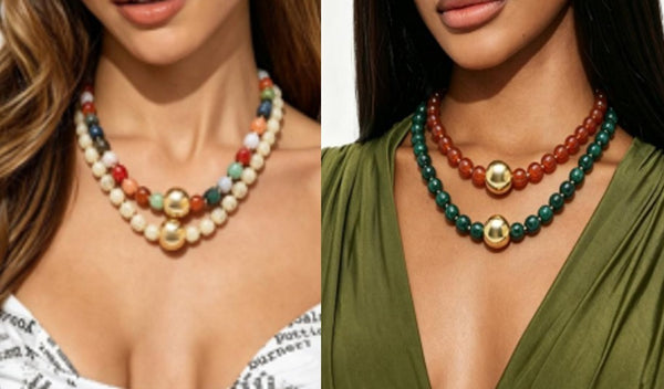 Barrel Beaded & Gold Ball Centerpiece Necklace | 40NK9768