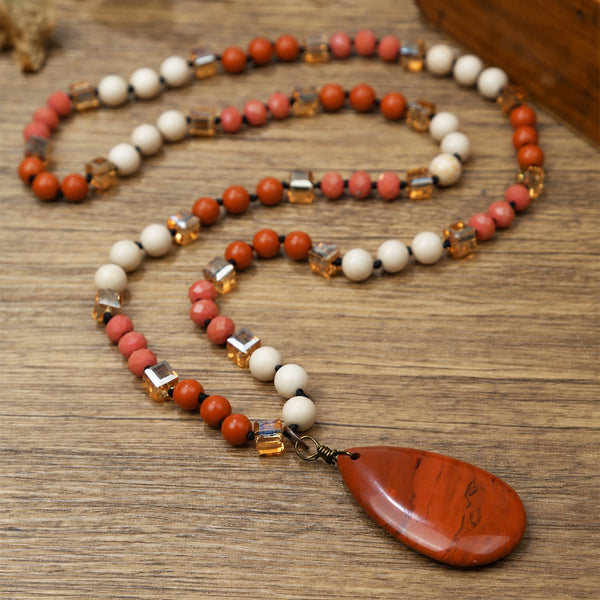 Natural Stone Teardrop Pendant Beaded Long Necklace|40NK9773