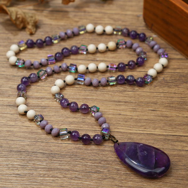 Natural Stone Teardrop Pendant Beaded Long Necklace|40NK9773