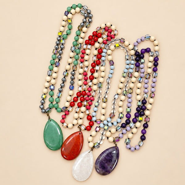 Natural Stone Teardrop Pendant Beaded Long Necklace|40NK9773