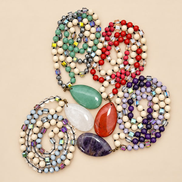 Natural Stone Teardrop Pendant Beaded Long Necklace|40NK9773