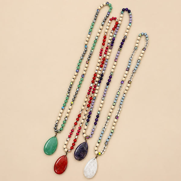 Natural Stone Teardrop Pendant Beaded Long Necklace|40NK9773