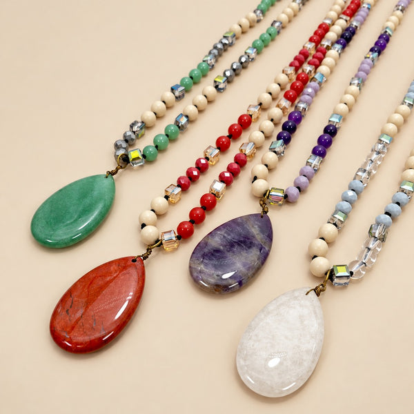 Natural Stone Teardrop Pendant Beaded Long Necklace|40NK9773