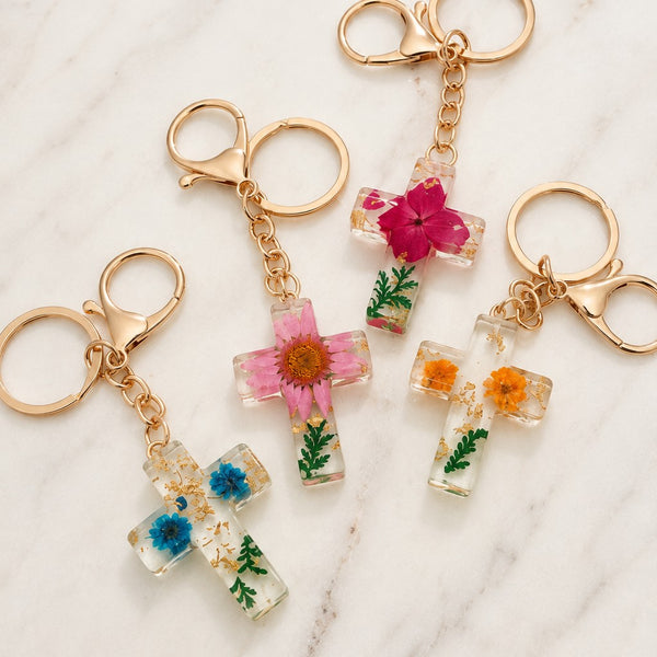 Pressed Flower & Gold Foil Resin Cross Keychains | 40KC201