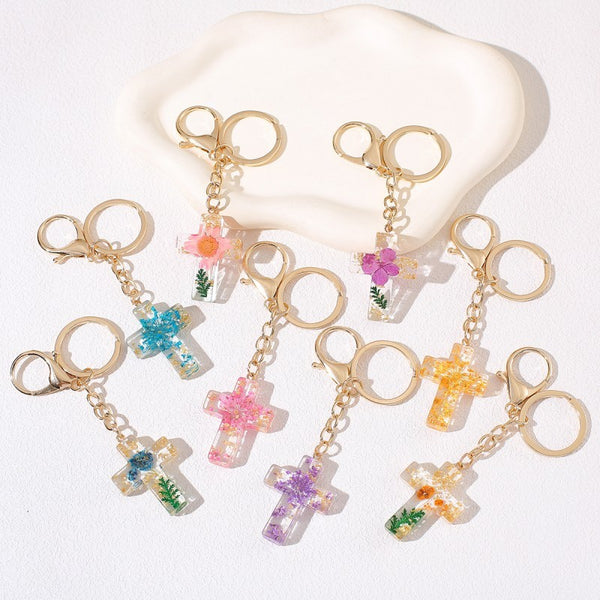 Pressed Flower & Gold Foil Resin Cross Keychains | 40KC201