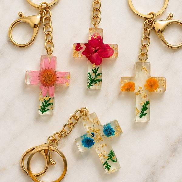 Pressed Flower & Gold Foil Resin Cross Keychains | 40KC201