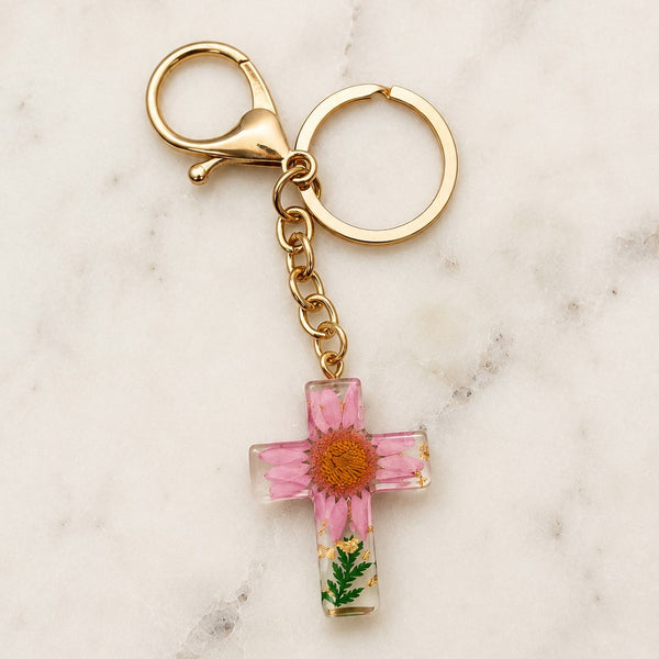 Pressed Flower & Gold Foil Resin Cross Keychains | 40KC201