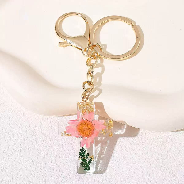 Pressed Flower & Gold Foil Resin Cross Keychains | 40KC201