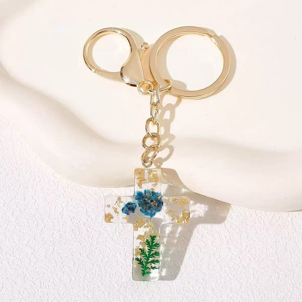Pressed Flower & Gold Foil Resin Cross Keychains | 40KC201