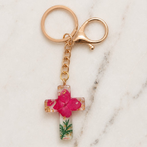 Pressed Flower & Gold Foil Resin Cross Keychains | 40KC201