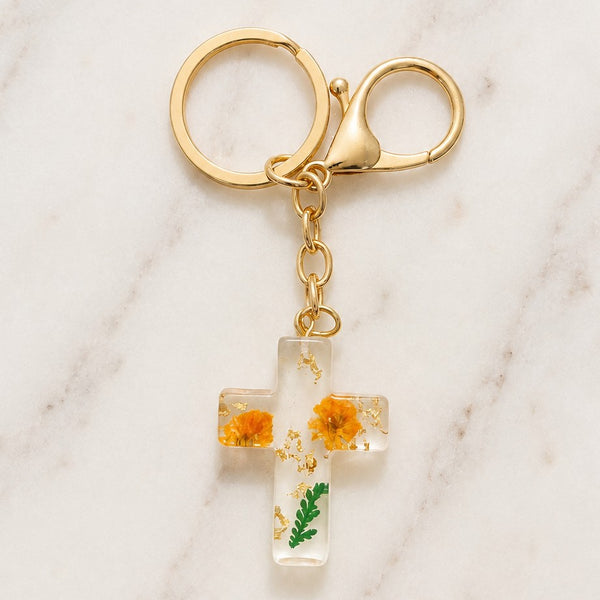 Pressed Flower & Gold Foil Resin Cross Keychains | 40KC201