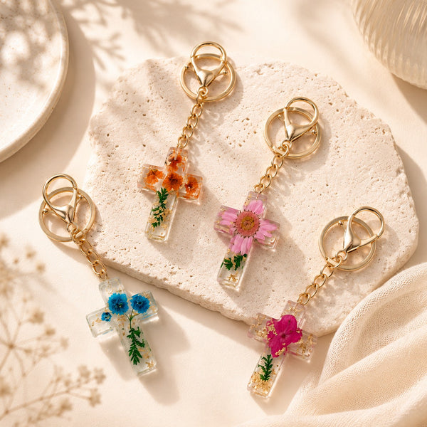 Pressed Flower & Gold Foil Resin Cross Keychains | 40KC201