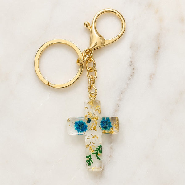 Pressed Flower & Gold Foil Resin Cross Keychains | 40KC201