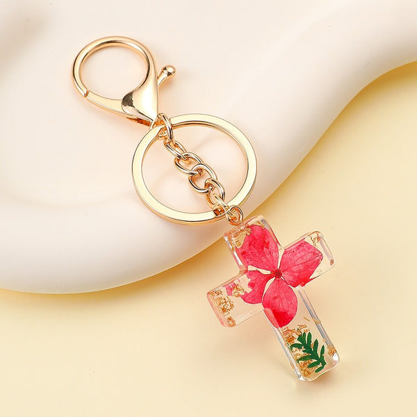 Pressed Flower & Gold Foil Resin Cross Keychains | 40KC201