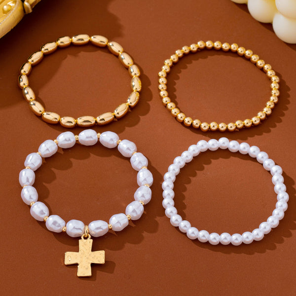 Pearl & Gold-Tone Beaded Cross Bracelet Set | 80B1910