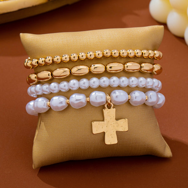 Pearl & Gold-Tone Beaded Cross Bracelet Set | 80B1910