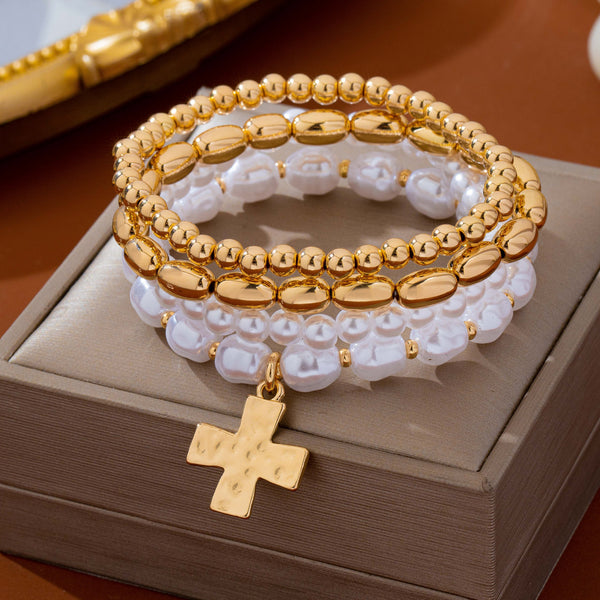 Pearl & Gold-Tone Beaded Cross Bracelet Set | 80B1910