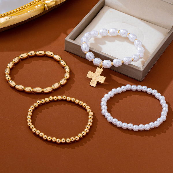 Pearl & Gold-Tone Beaded Cross Bracelet Set | 80B1910