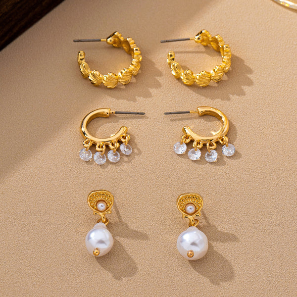 Pearl Crystal Seashell Hoop Earring Trio Set | 80E63189