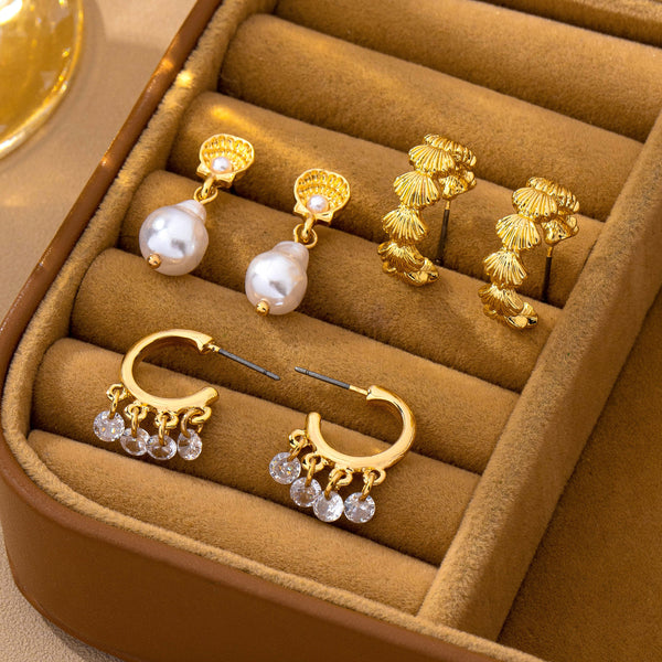 Pearl Crystal Seashell Hoop Earring Trio Set | 80E63189