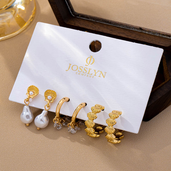 Pearl Crystal Seashell Hoop Earring Trio Set | 80E63189