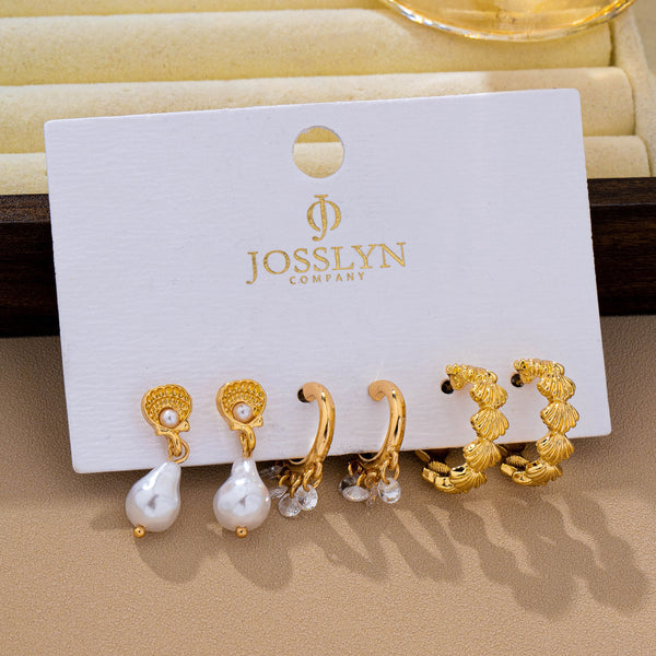 Pearl Crystal Seashell Hoop Earring Trio Set | 80E63189