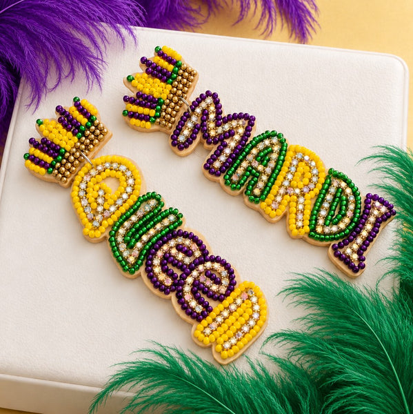Mardi Queen Seed Beaded Dangle Earrings | 40E557