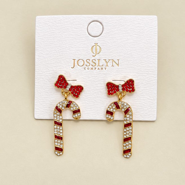 Crystal Bow & Rhinestone Candy Cane Drop Earrings | 40E558