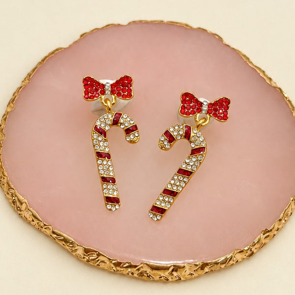 Crystal Bow & Rhinestone Candy Cane Drop Earrings | 40E558