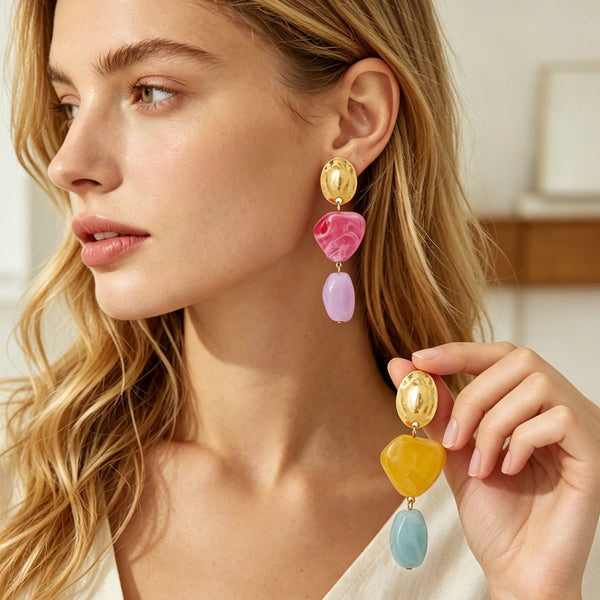 Asymmetric Resin & Hammered Gold Drop Earrings | 40E559