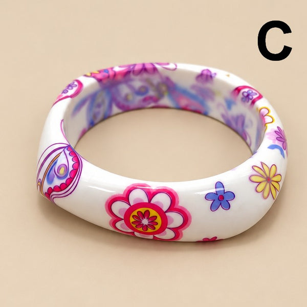Floral Print Chunky Domed Resin Bangle Bracelet | 40B5279