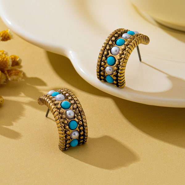 Vintage Western Turquoise & Pearl Hoop Earrings | 80E63239