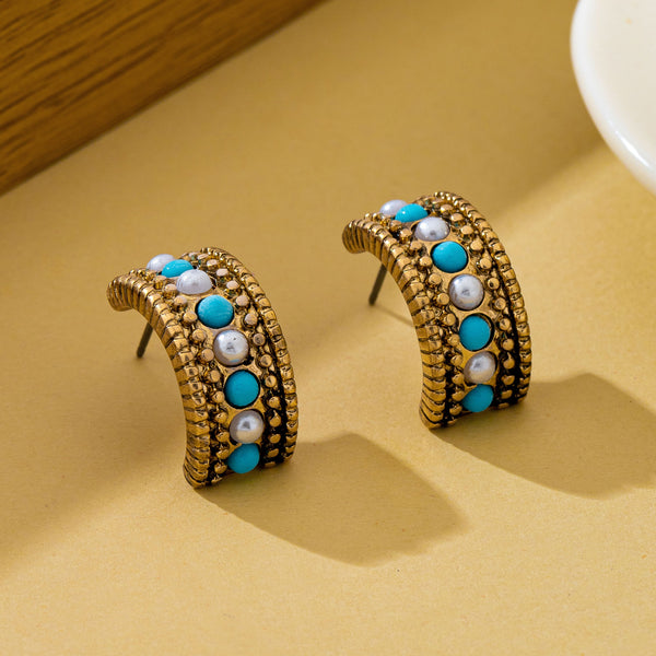 Vintage Western Turquoise & Pearl Hoop Earrings | 80E63239